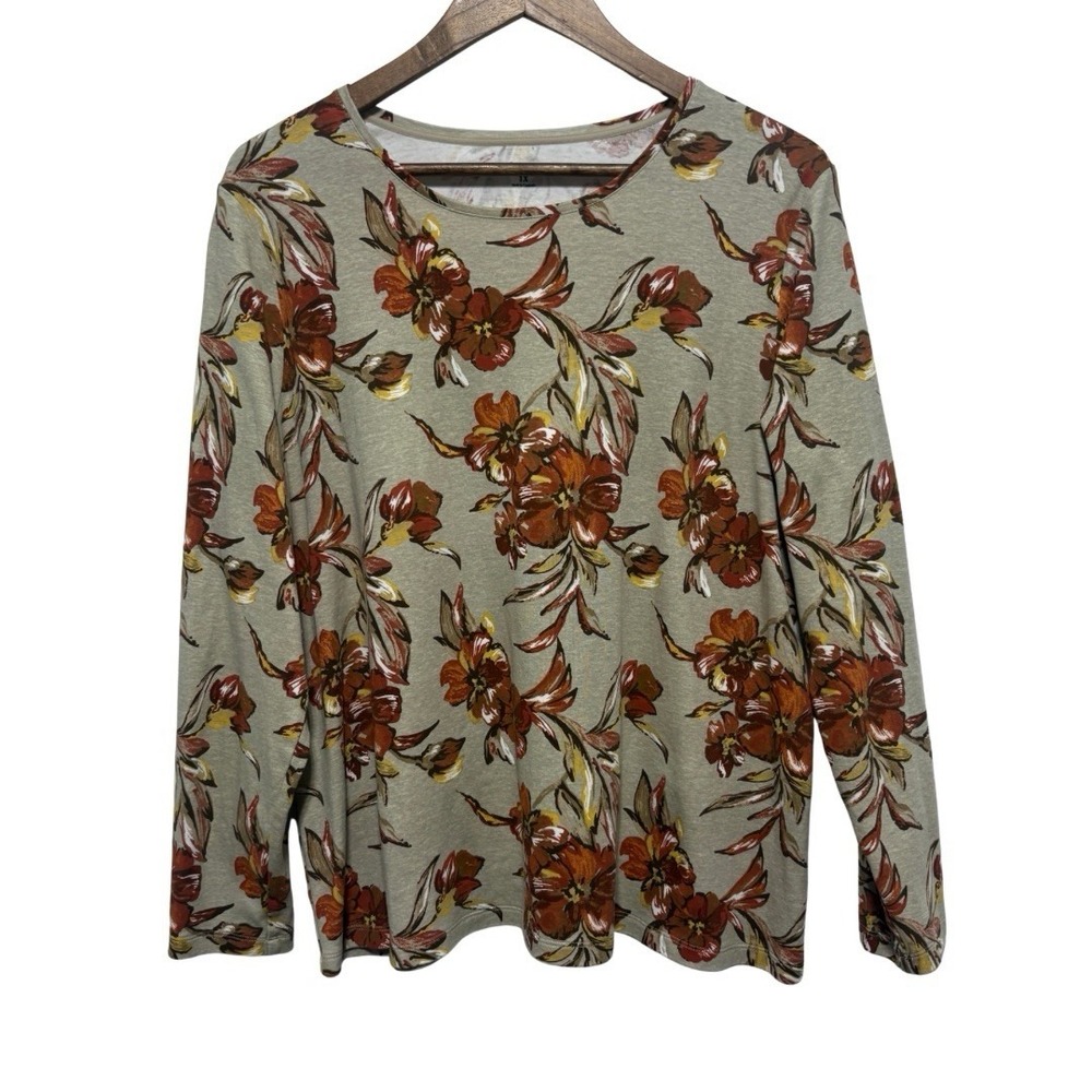 Croft Barrow TShirt Womens 1X Tan Floral Autumn Fall Long Sleeve Cotton Pullover